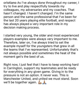 SportsFabrizio's tweet photo. Cristiano Ronaldo: “I just feel I have to keep working hard, support my teammates and be ready. This is Manchester United, and united we stand”. 🔴🇵🇹 #MUFC

Full statement here ⤵️📑
@SportsFabrizio https://t.co/S290ic1Qez
