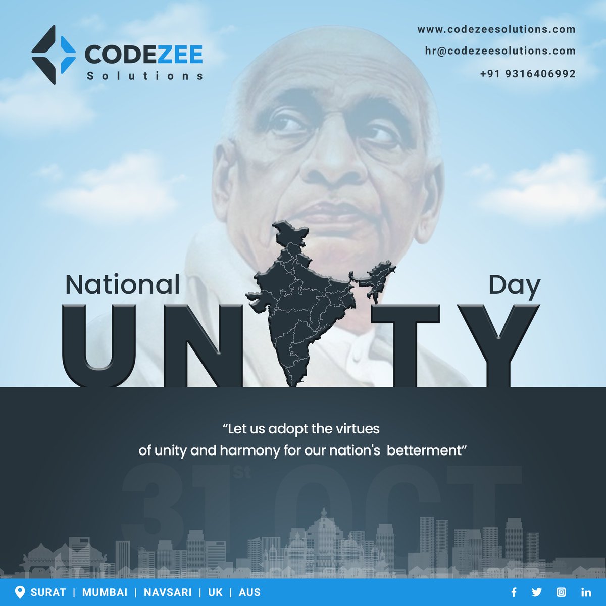 CodezeeSolution's tweet photo. Unity Is a Strength, and When There Are Teamwork and Collaboration, Beautiful Things Can Be Achieved. Happy National Unity Day.
#sardarvallabhbhaipatel #statueofunity #sardarpatel #unity #peace #community #freedom #respect #codezeesolutions https://t.co/fgKaDDuc5P
