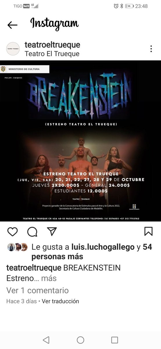 Amistades aparte, resonamos demasiado con TODAS LAS OBRAS del <a href="/TeatroElTrueque/">Teatro El Trueque</a> . Son muy cinematográficas. Como el tipo de obra que nosotros haríamos si fuéramos teatreros. 

#teatroeltrueque #teatro #medellín #destinoturistico
#brankestín #santaelena #radioneblina