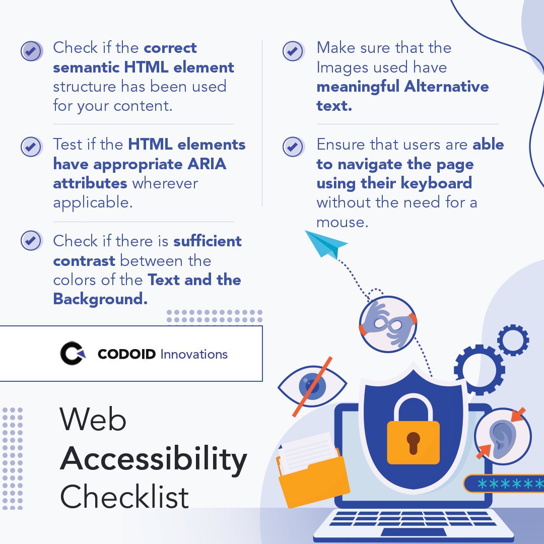 codoid's tweet image. Web Accessibility Checklist 

1. Check if the correct semantic HTML element structure has been used for your content 
2. Test the HTML elements for the ARIA attributes wherever applicable 

#codoid #accessibilitytestingservices #webaccessibilitychecklist #accessibilitytesting