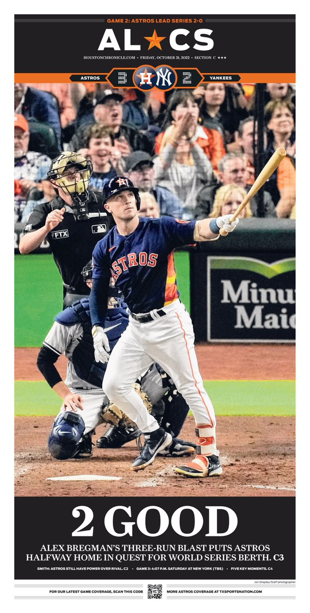Friday's <a href="/HoustonChron/">Houston Chronicle</a> #ALCS Game 2 cover. <a href="/jonjshapley/">Jon Shapley</a> photo