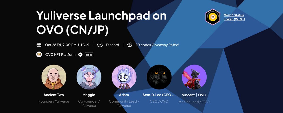 📢AMA Announcement

We created a special event raffle! 
🎁 10 FreeMint from <a href="/TheYuliverse/">Yuliverse</a> &amp; <a href="/ovo__official/">OVO_NFT_Platform</a> 

To enter: 
☑️ Follow
☑️ Like &amp; Retweet
☑️ Tag 3 friends

⏰ Oct 28, Fri, 09:00 PM UTC+9 
🔗 link3.to/e/tTpPRU