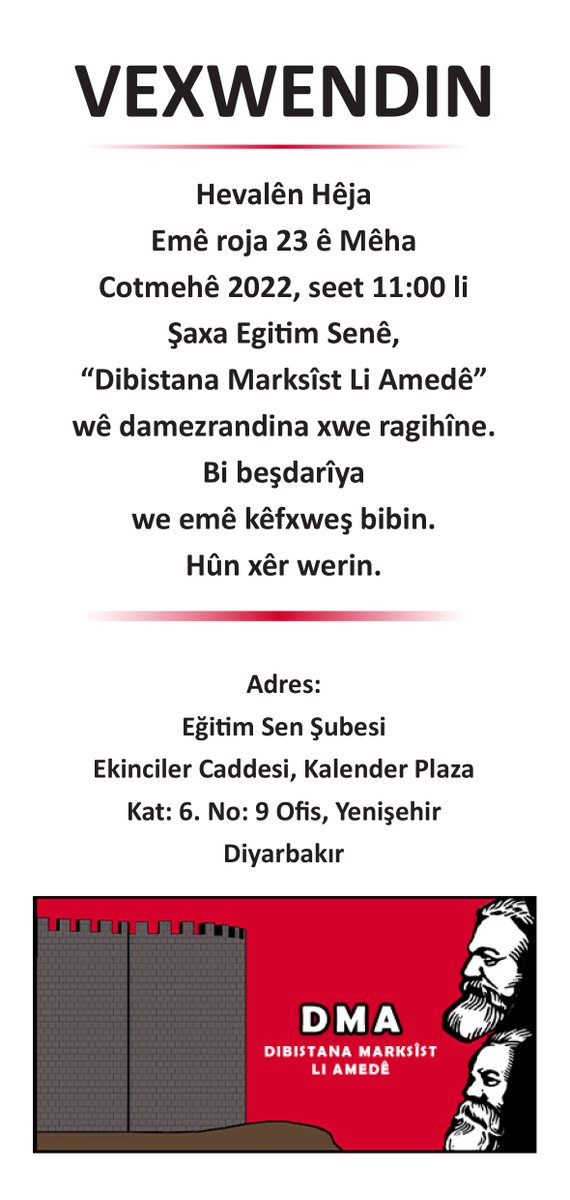 temeldemirer's tweet photo. 23 Ekim 2022: AMED MARKSİST OKULU KURULUŞUNU AÇIKLIYOR
DAVETLİSİNİZ
#KarlMarx
#KarlMarks
#Karl_Marx
#marx
#Marksizm
#Marx203
#Marxist
#KarlMarx203yaşında
#trier
#triergermany
#KomünistManifesto174
#komuenistmanifesto
#KomuenistManifesto173
#ManifestoOkuyoruz
#KomünistManifesto https://t.co/pHcq0wSuN1
