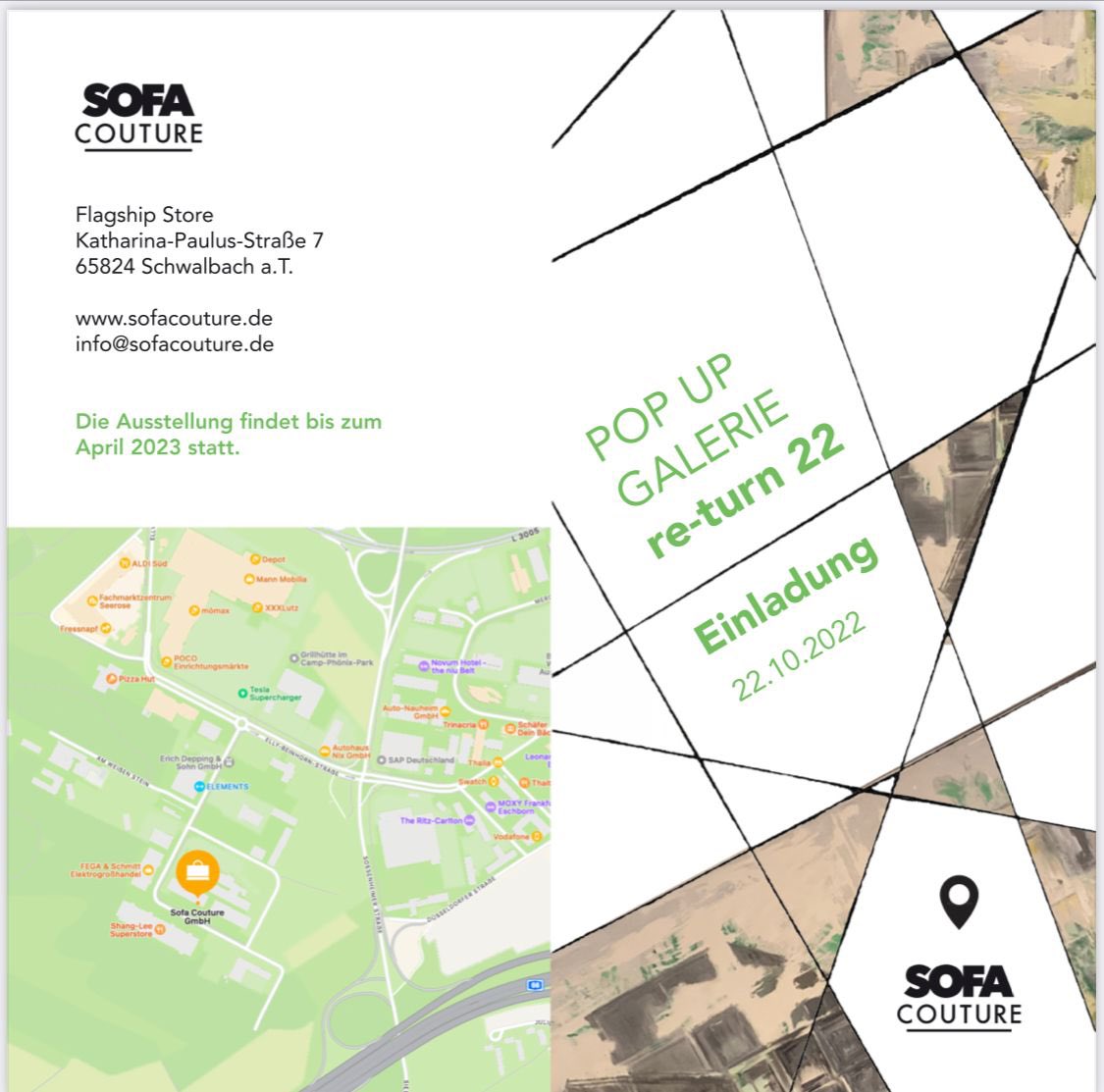 Ausstellung „ re-turn ‚22“im Möbelhaus SofaCouture mit Arbeiten aus den beiden letzten Jahren. Schwalbach a.T.vom 22.10.2022 bis April 2023.