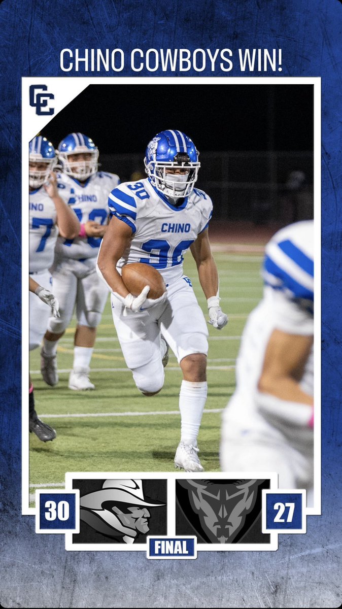 ChinoFBCowboys's tweet photo. Cowboys win 30-27!! Wasn’t pretty, but they are 2-0 in league. Will play Covina for the Sierra League Championship next Friday night @ Chino HS! @chchampsports @AllNewEPJ @tspeterson40 @PeteMarshallLaw @James_Escarcega @SGVNSports https://t.co/UNLcvaD1b5
