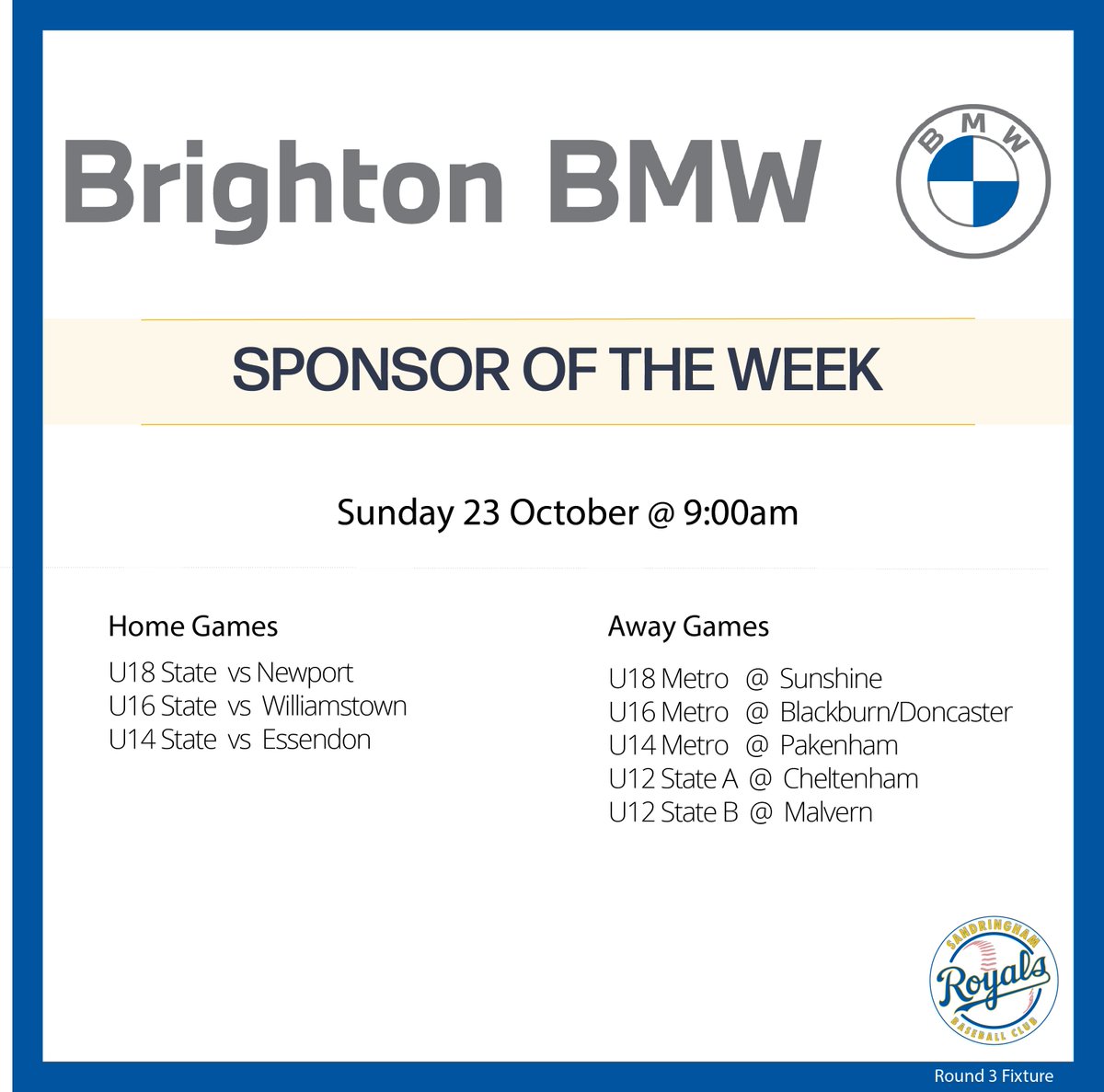 SandyRoyalsBC's tweet photo. Thank you to our newest sponsor, Brighton BMW! This weekend promises to be memorable with our paying tribute to Club Legend, Peter "Macca" MacFarlane and the first Royals Club of the year featuring guest speaker, Homicide Squad Detective Inspector Dean Thomas. #sandybaseball https://t.co/sK6PBPdsbE