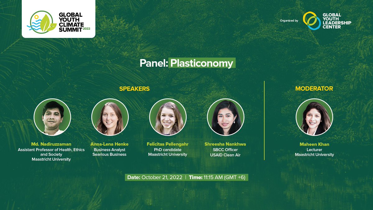 gylctweets's tweet photo. Panel 2: Plasticonomy 11:15 AM (GMT +6)
Come join the session! #ClimateEducation #gylc #GlobalYouthLeadershipCenter #gycs #GlobalYouthClimateSummit #cop27
https://t.co/zL2Y1RetZf https://t.co/Wk3m8IRdJg