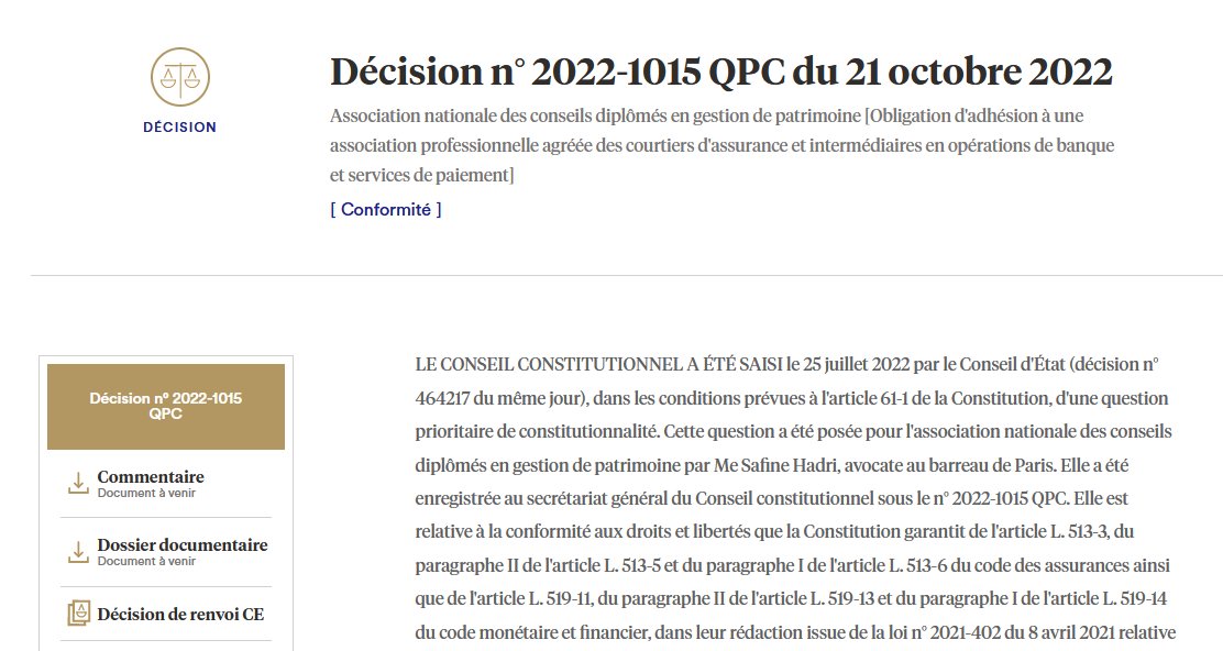 Conseil_constit's tweet photo. Décision n°2022-1015 QPC du 21/10/2022, Association nationale des conseils diplômés en gestion de patrimoine [Obligation d’adhésion à une association professionnelle agréée des courtiers d’assurance et intermédiaires en opérations de banque et services de paiement] Conformité https://t.co/S0ySQ28Hfs