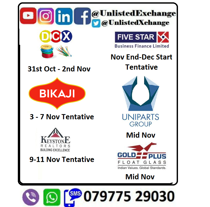 UnlistedXChange's tweet photo. #Diwali #IPOFestival Coming Soon.... Keep Funds ready.
#HappyDiwali #IPOs #Unlisted #PreIPO #IPO
#DCXSystems #FiveStarBusiness #BikajiFoods #Bikaji #KeyStone #UnipartsIndia #GoldPlus
#Fintech #FridaysForFuture #Delhivery #AsianPaints #Prince #Sivakarthikeyan https://t.co/Mg8IEZSFNb