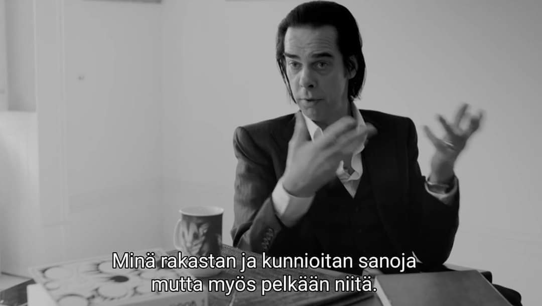 JyrkiLiikka's tweet photo. Kuvakaappaus Nick Cave -dokkarista, joka on esitetty Ylen kanavilla. #OneMoreTimeWithFeeling #NickCave #words #sanat https://t.co/fGxg6Z3axB
