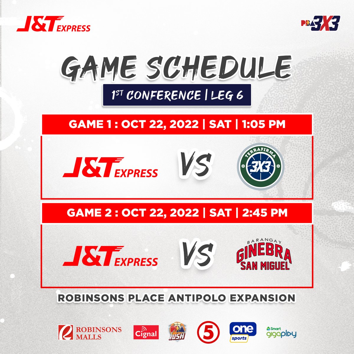 jntexpressph's tweet photo. LAST LEG BEFORE THE GRAND FINALS! 🏆

Here's the game schedule for the 6th leg of the PBA 3x3 Season 2 this Saturday at Robinson's Antipolo.

#jntexpressph
#ExpressYourOnlineBusiness
#JNTLABAN
#PBA3x3
#LakasNgTatlo https://t.co/3AGa2xg3wn