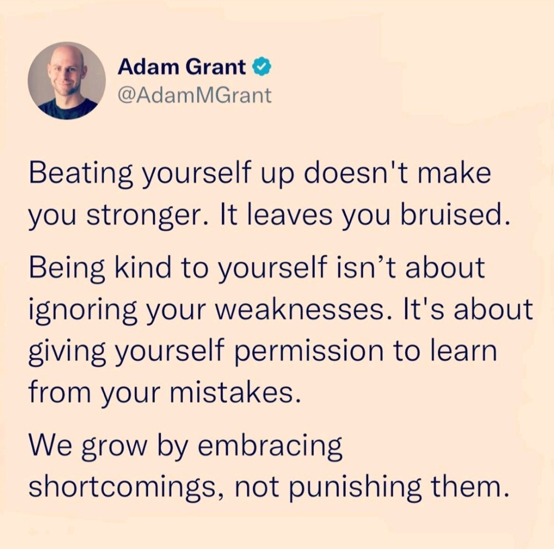 WholeHealthLife's tweet photo. A great example of self-compsssion, mindful acceptance and letting go.

"Beating yourself up doesn't make you stronger. It leaves you bruised." 

#PurpleMountaIninstitute #adamgrant #kindnesstoself #Permission #mindfulacceptance #lettinggo #MBSR #selfcompassion https://t.co/QHxqUwxtuc