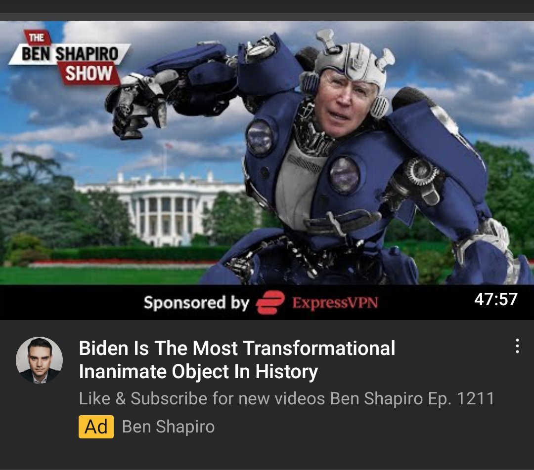 TF_Moments's tweet photo. Ben Shapiro used an edited picture of Bumblebee to represent Joe Biden for a thumbnail of one of his Youtube videos. (2018) https://t.co/ZcktZZsCN5