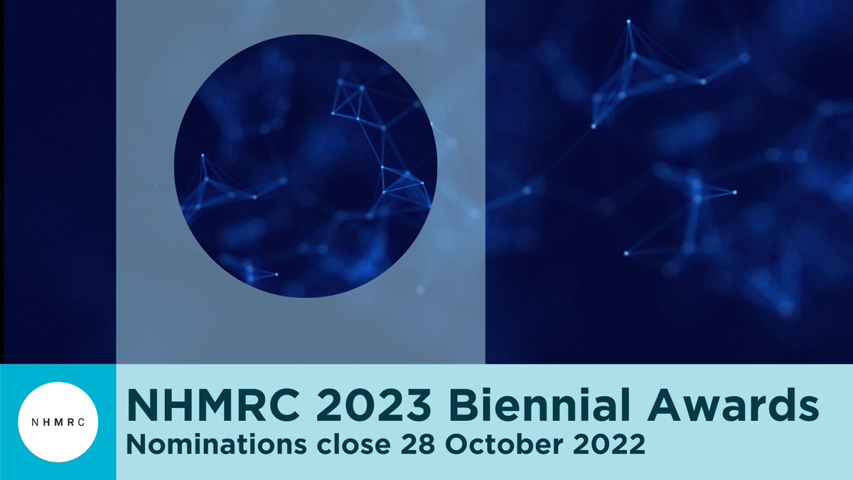 One week to go! Nominations for the 2023 NHMRC Biennial Awards close at 4pm AEDT on 28 October 2022. Nominate someone who has made an outstanding contribution to ensuring the highest quality in health and medical research: nhmrc.gov.au/about-us/nhmrc…