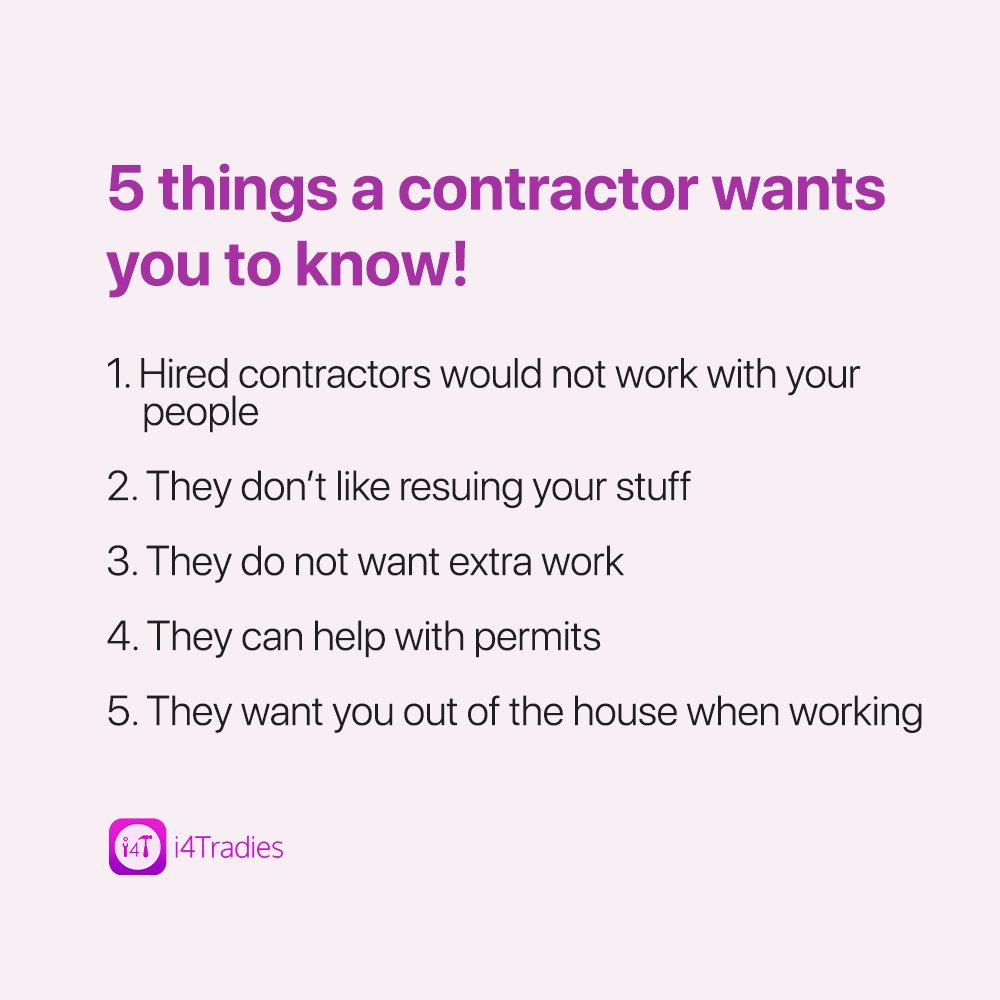 Do you feel like your remodelling contractor is judging you when you slip in your requests? 

Do you want to know what your contractor wants from you? Here are 5 things! 

#i4Tradies #Tradespeople #Contractor #Remodelling