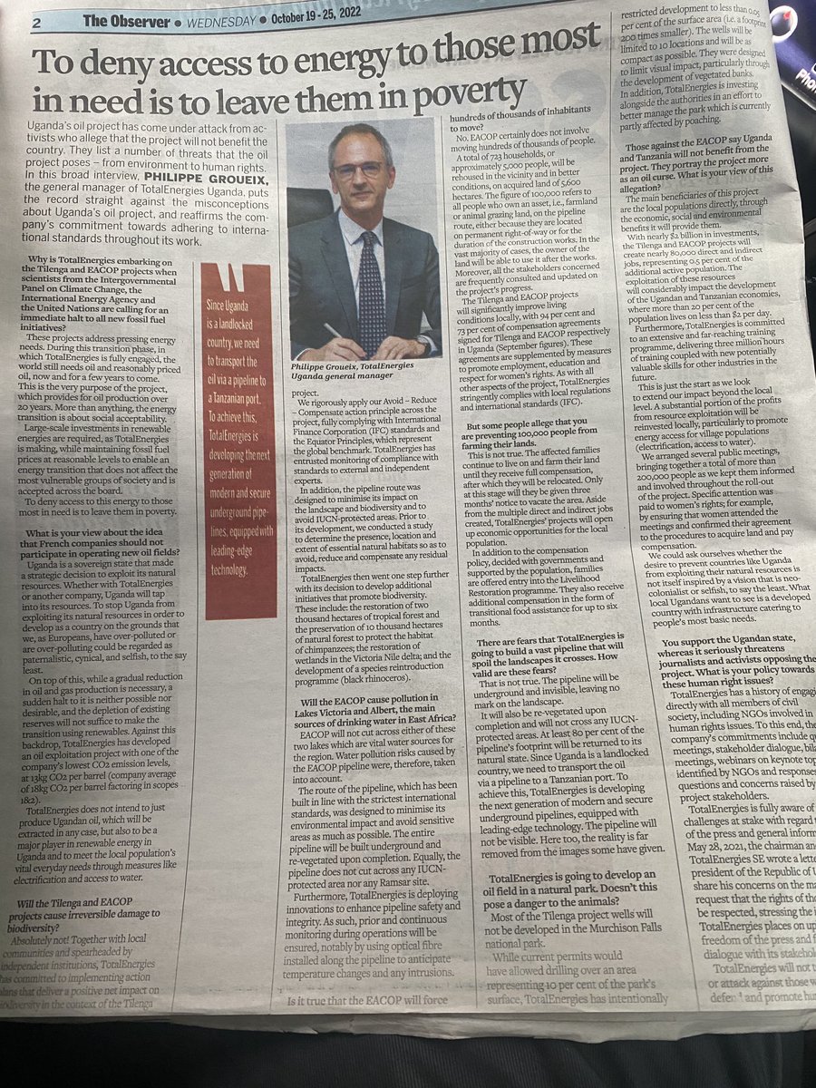 ⁦@TotalEnergiesUG⁩ GM puts the record straight against the myths and misconceptions about Eacop in ⁦@observerug⁩ of this week. First oil 2025 on course!! ⁦@EacopSupport⁩