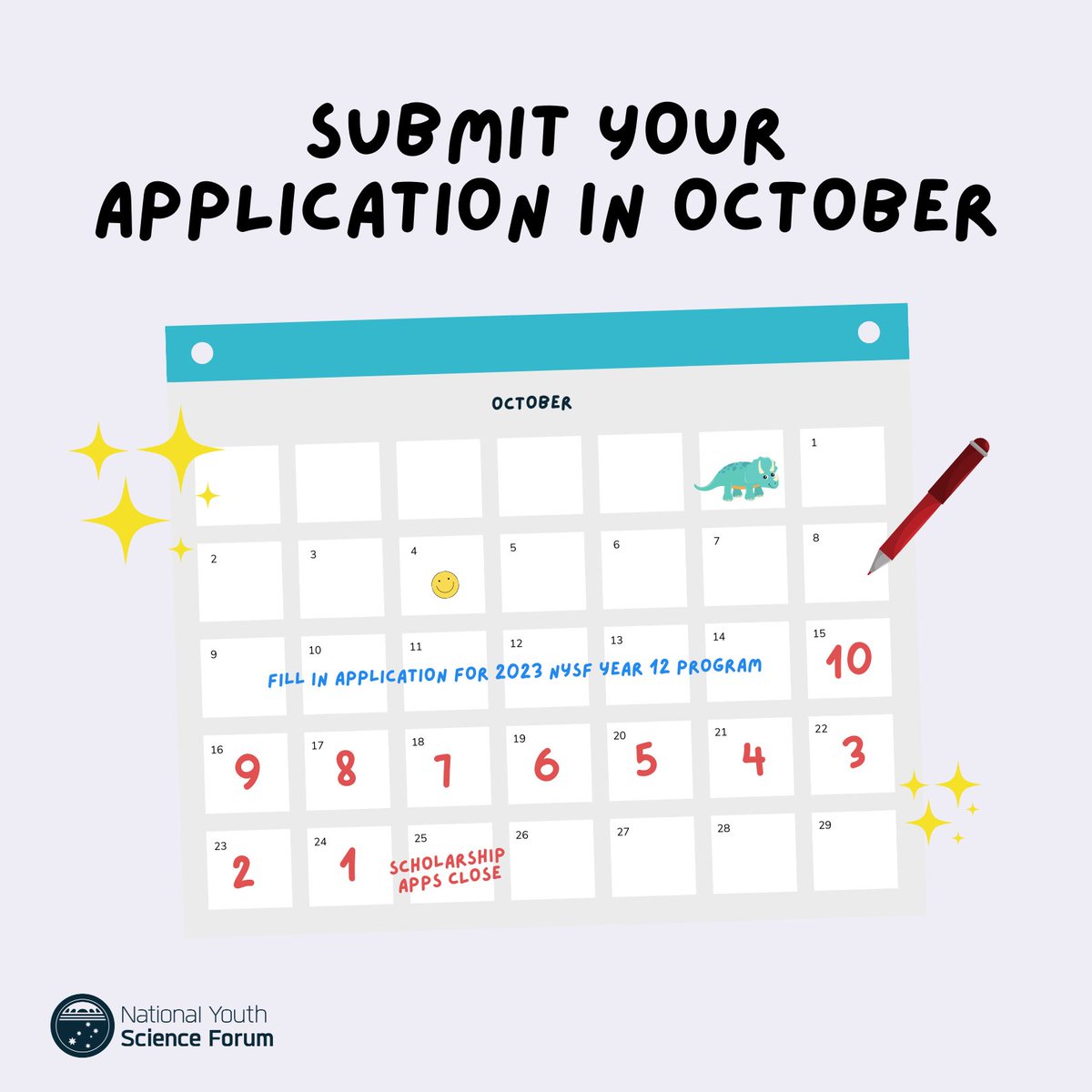 NYSFoz's tweet photo. Did you know that scholarship applications for the 2023 NYSF Year 12 Program close at #Midnights on Tuesday 25 October?π
#ApplyApplyApply: https://t.co/7ShnRz6Fna
#YouBelongWithNYSF #NYSFWasAFairytale #IKnewYouWereAnNYSFer #NYSFHaze https://t.co/bHRjc20FLS