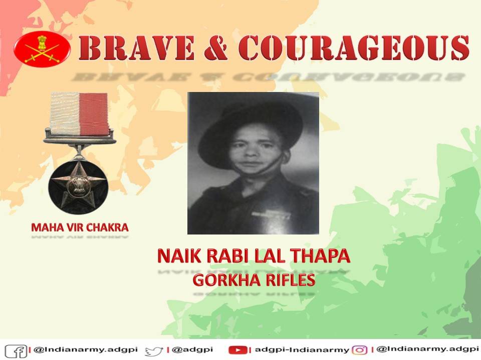21 October 1962 #Ladakh Naik Rabi Lal Thapa acquired vital information & saved the lives of fellow soldiers during the operation against the enemy. Displayed undaunted courage & bravery in the face of the enemy. Awarded #MahaVirChakra. gallantryawards.gov.in/awardee/1219