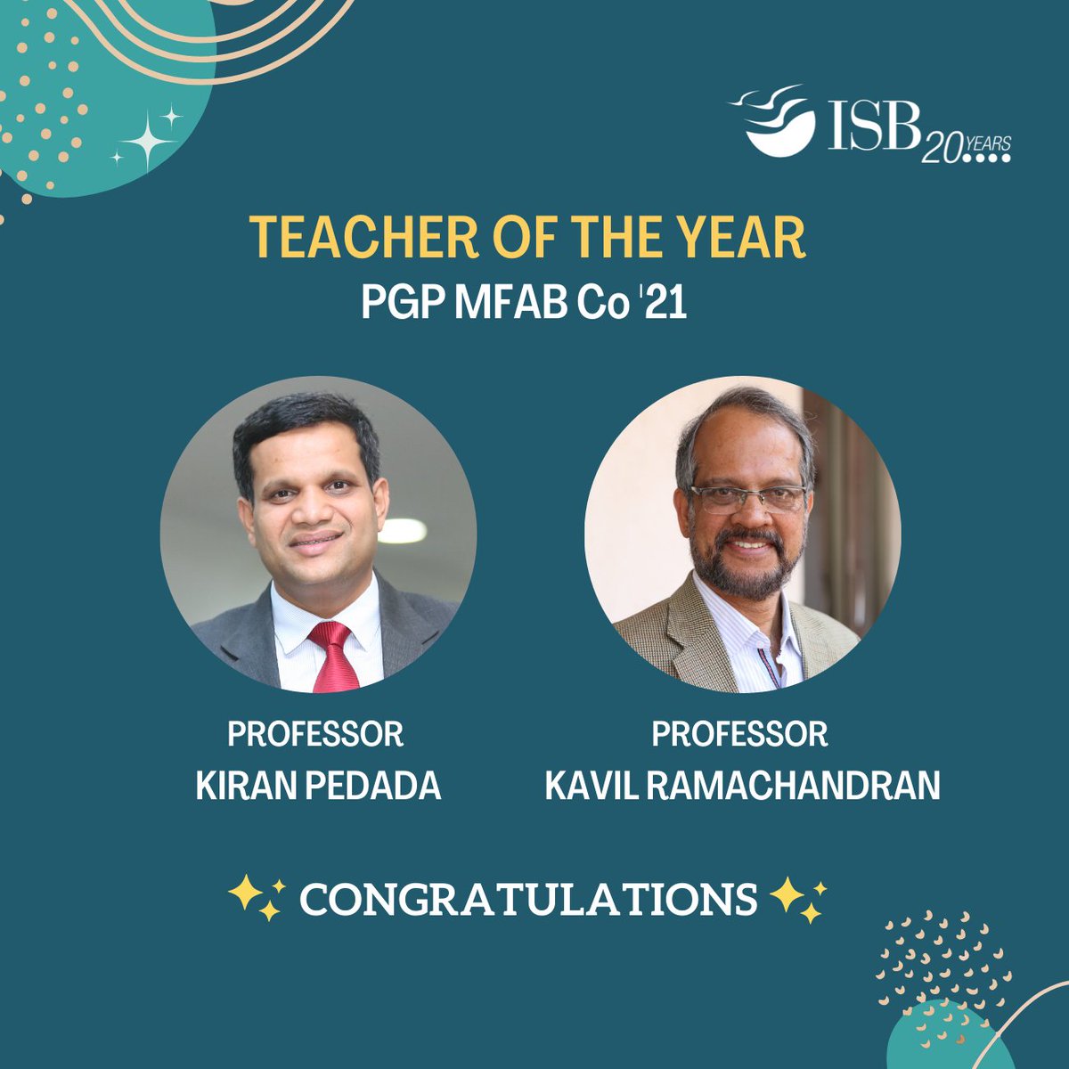 ISBedu's tweet photo. Congratulations to Professor @kiranpedada and Professor Kavil Ramachandran on being selected as 'Teacher of the Year' by the Post Graduate Programme in Management for Family Business (PGP MFAB) Class of 2021.

#ISBGradDay #ISB #ISBPGPMFAB https://t.co/fN2Jy7JVIh