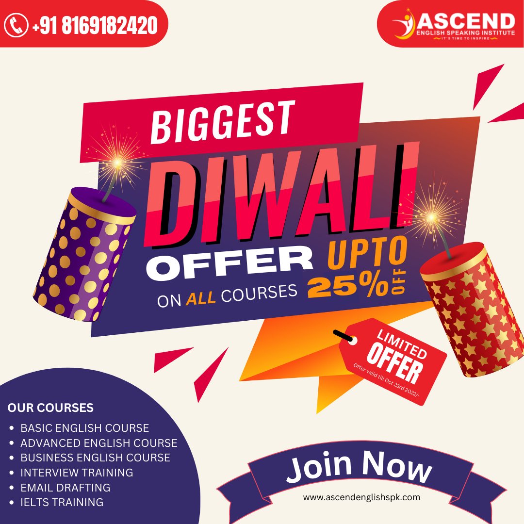 AscendSpeaking's tweet image. "💥Biggest Diwali Offer💥"

Get up to 🤹🤷‍♂️25% off on all Courses

Join the No 1 English Speaking Traning Institute in Mumbai.

Join The Best Training Institute Today
☎ +91 8169182420
🌐 ascendenglishspk.com

#diwalioffer #diwalioffers #diwalioffer_freebook #diwalioffer