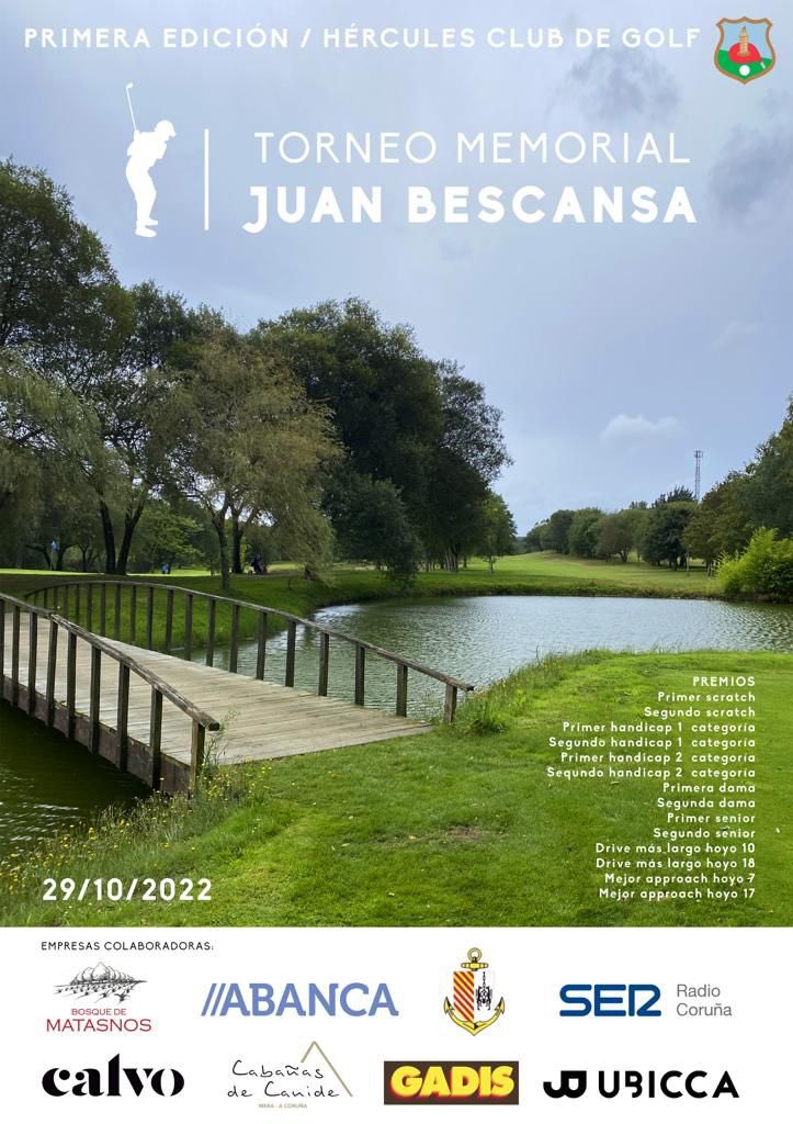 HerculesGolf's tweet photo. El sábado 29 de octubre se va a celebrar en @HerculesGolf la primera edición del Torneo Memorial Juan Bescansa. Una competición social abierta a jugadores externos, con una gran dotación de premios a las categorías y especiales. Ultimas plazas. https://t.co/DLmUSVnfSf