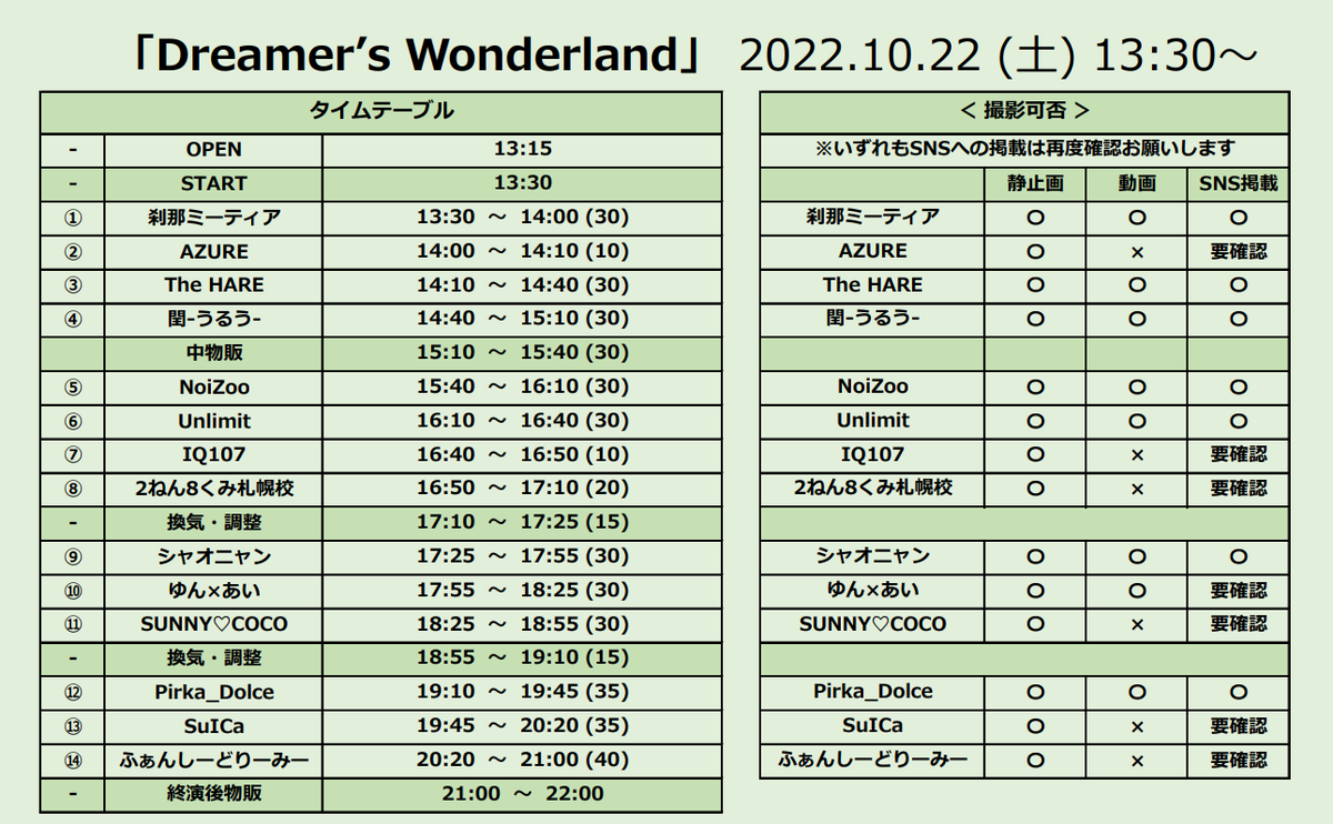 Pirka_Dolce's tweet photo. 「Dreamer’s Wonderland」

【出演/タイテ変更のお知らせ】
メンバーさんの喉の不調のため「Re...MAID」さんが出演辞退となりました。17時以降のタイテについて多少変更がございますので確認お願い致します

10/22(土)  13：30～21：00
場所：2ねん8くみ札幌校

予約・詳細
https://t.co/vKzoWnNZOU https://t.co/H4yyidtSVr