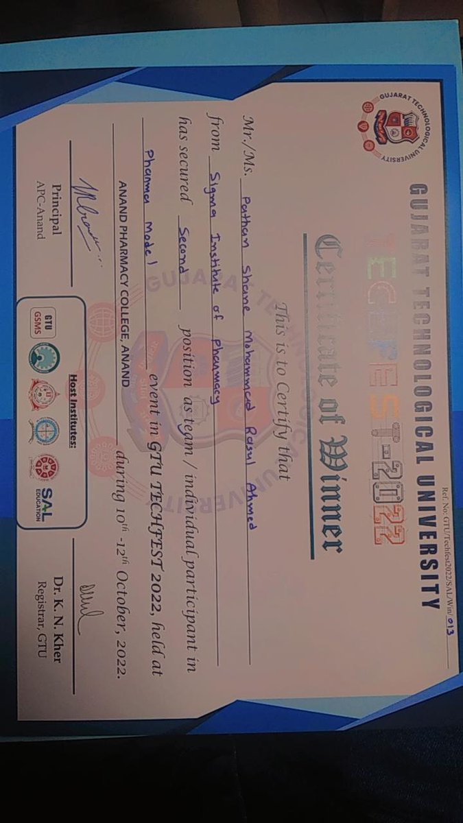 SigmaPharmacy's tweet photo. Under the guideship of Dr. Jigar Vyas, Rakshit Pandey &amp; Shane Pathan from Sigma Institute of Pharmacy won 2nd prize at Pharma Model competition at GTU Tchfest 2022 in 12/10/2022. https://t.co/P3ZfuCaxS4