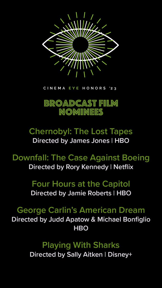 cinemaeyehonors's tweet photo. The #CEH2023 nominees for Broadcast Film are
Chernobyl: The Lost Tapes | @jamesjonesfilm | @hbomax 
Downfall: The Case Against Boeing | @roryekennedy | @netflix
Four Hours at the Capitol | @visitjamie | @hbomax 
1/2 https://t.co/4TWl9DiUrU