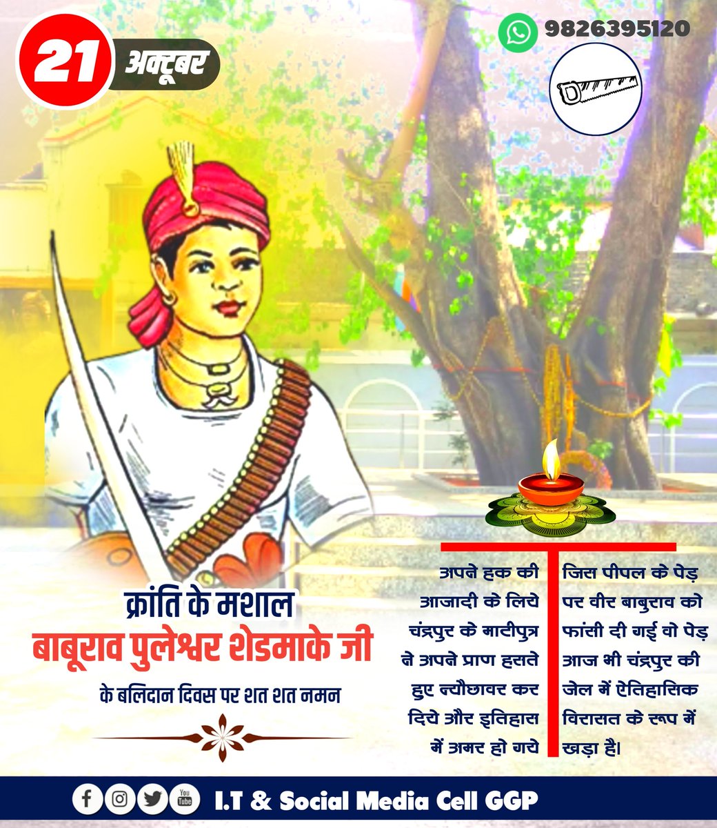 1857 के स्वतंत्रता संग्राम में चंद्रपुर जिले के माटी पुत्र वीर बाबूराव शेडमाके जी का ऐतिहासिक अमूल्य योगदान रहा है।उन्होंने अपने हक की आजादी के लिये अपने प्राण हसते हुए न्यौछावर कर दिये और इतिहास में अमर हो गये। गोंडवाना विरासत के माटी पुत्र क्रांति के मिशाल की बलिदान दिवस पर नमन