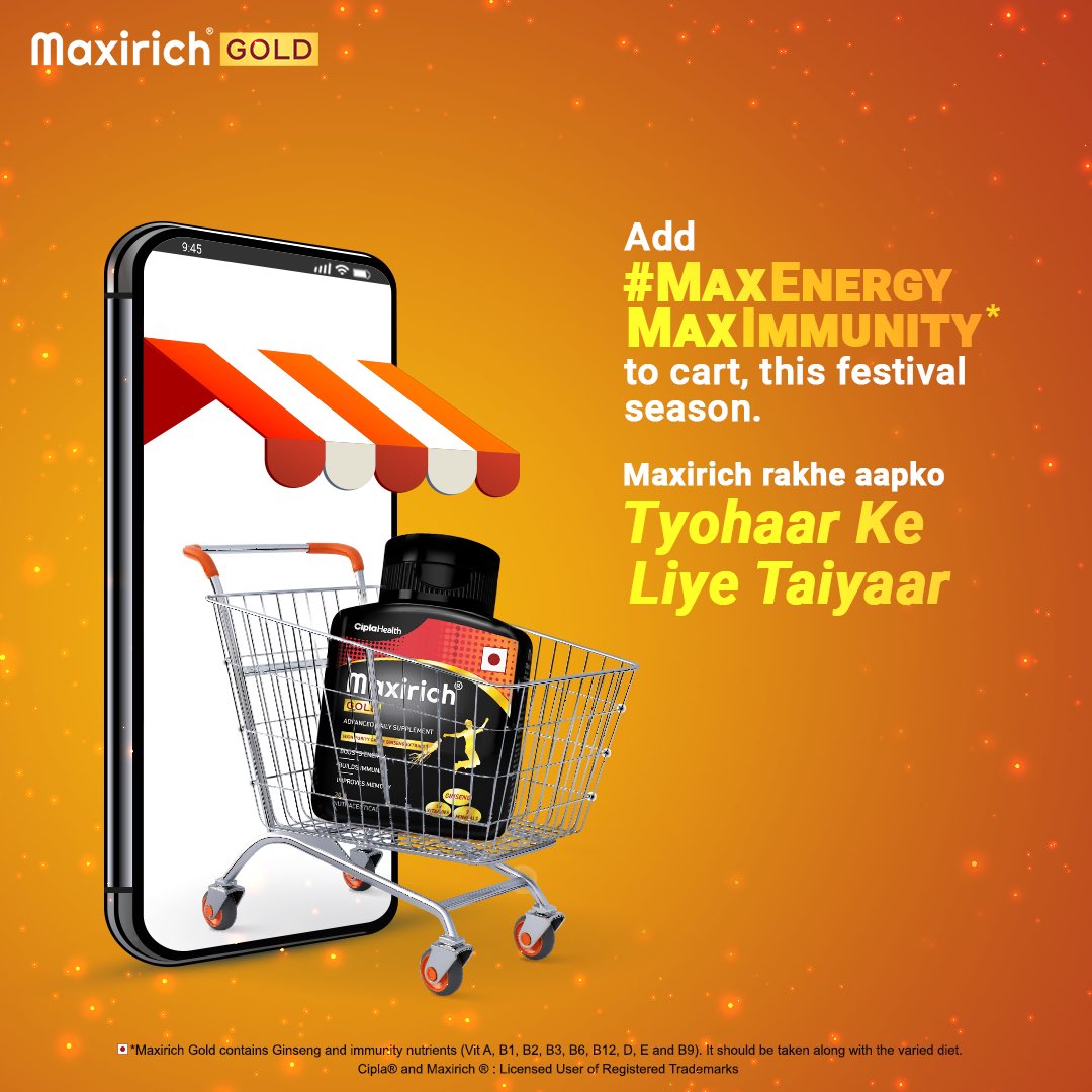 maxirich_in's tweet photo. The potent blend of 10 vitamins, 9 minerals and #ginseng extract makes #MaxirichGold a #festive essential. It boosts energy &amp; makes you #TyohaarKeLiyeTaiyaar. ​

Shop Now - https://t.co/djeivJGMP6​
​
#MaxEnergyMaxImmunity #energy #immunity #Diwali2022 #CiplaHealth #multivitamin https://t.co/SqUBTg8RRm