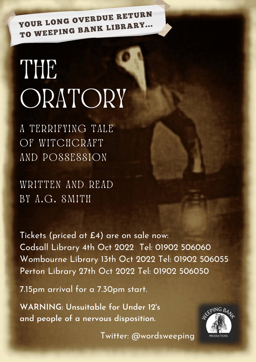 The final performance of <a href="/WordsWeeping/">A.G. Smith - writer</a>'s terrifying new Weeping Bank Library Tale 'The Oratory' is on Thursday 27th October <a href="/StaffsLibraries/">Staffordshire Libraries</a> #PertonLibrary - the perfect start to #Halloween2022 #Spooktober Don't miss this if you love #ghoststories #Horrorfilms. <a href="/Perton_Com_Post/">PertonCommunityPost</a>