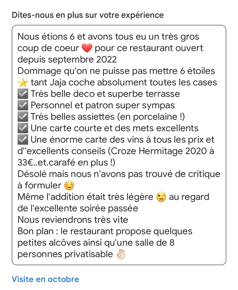 Mon avis concernant le restaurant Jaja a été refusé par <a href="/googlemaps/">Google Maps</a> car trop élogieux et donc suspect 😡 C'était pourtant mon 605ème avis (local guide 8) et jamais je n'ai été remuneré pour ça et aucune possibilité de recours! J'espère que la nouvelle version faite sera acceptée!