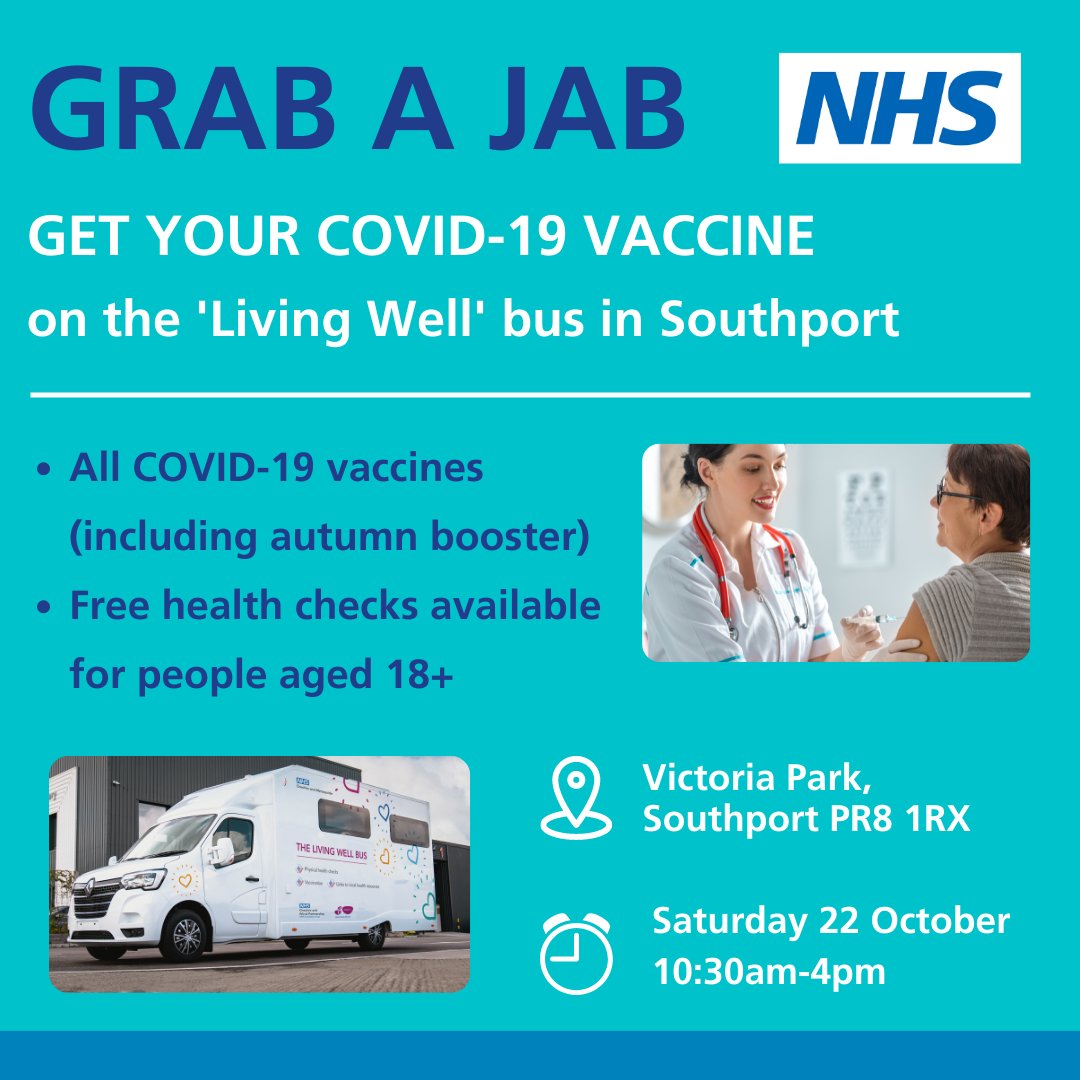 HWatchSefton's tweet photo. Eligible for your autumn booster, or your COVID vaccines?
Grab a jab at the NHS pop up clinic on the 'Living Well' bus, 22 October, Victoria Park, Southport (by the south roundabout) πβ€οΈβ
https://t.co/0J0wyuVMXc
#livingwellbus #livingwellsefton #sefton #healthwatchsefton https://t.co/ugPfZfyhzd