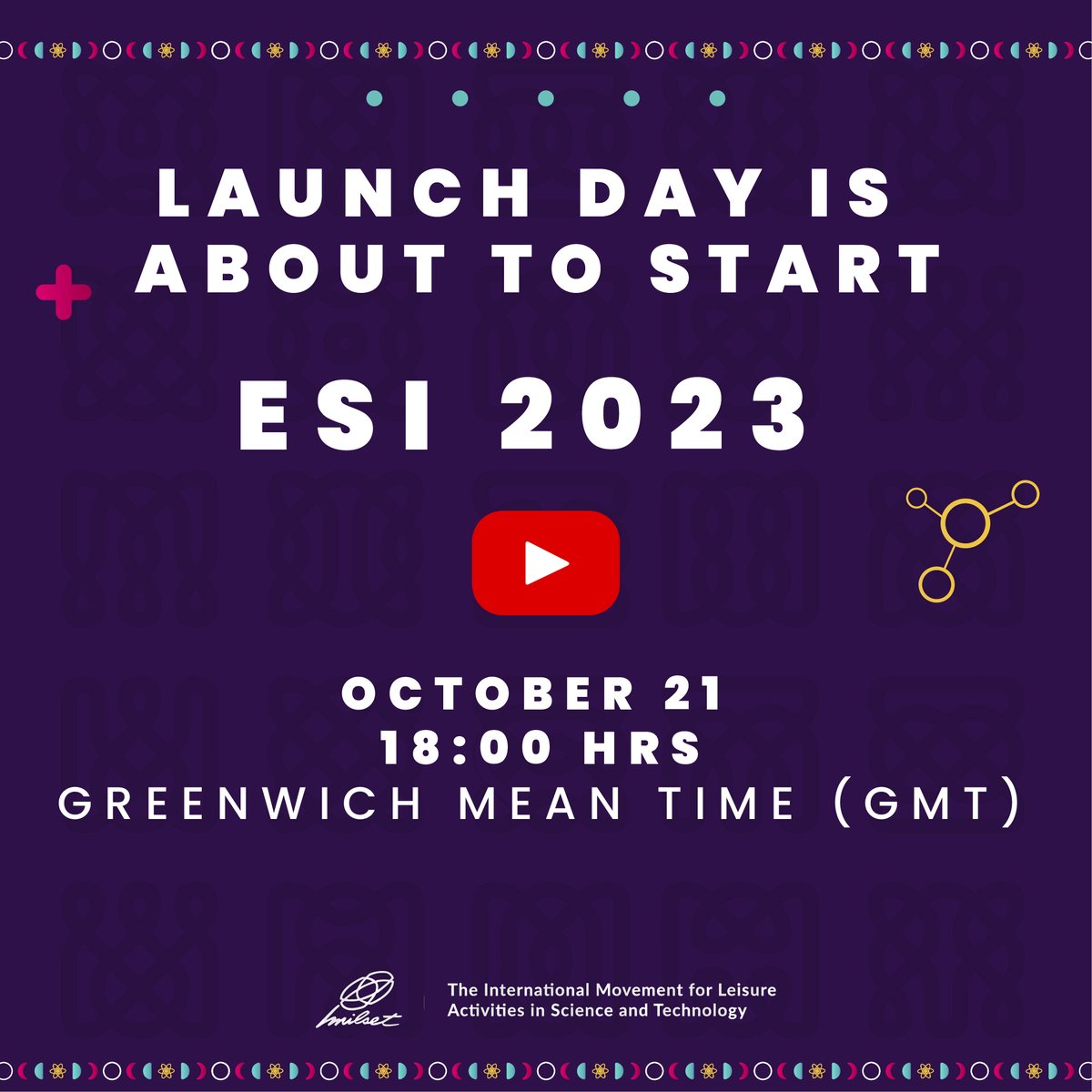 MILSET_Global's tweet photo. 📣Join us!
The MILSET Expo-Sciences International 2023 official launch is about to start. 

📅October 21st.

📌National Launch in Spanish 16:00 hrs GMT.  Watch live 👉 https://t.co/o6tVlRrjL9

📍International Launch in English 18:00 hrs GMT.  Watch live 👉 https://t.co/KrrQkigwTK https://t.co/Nihqv27H7L