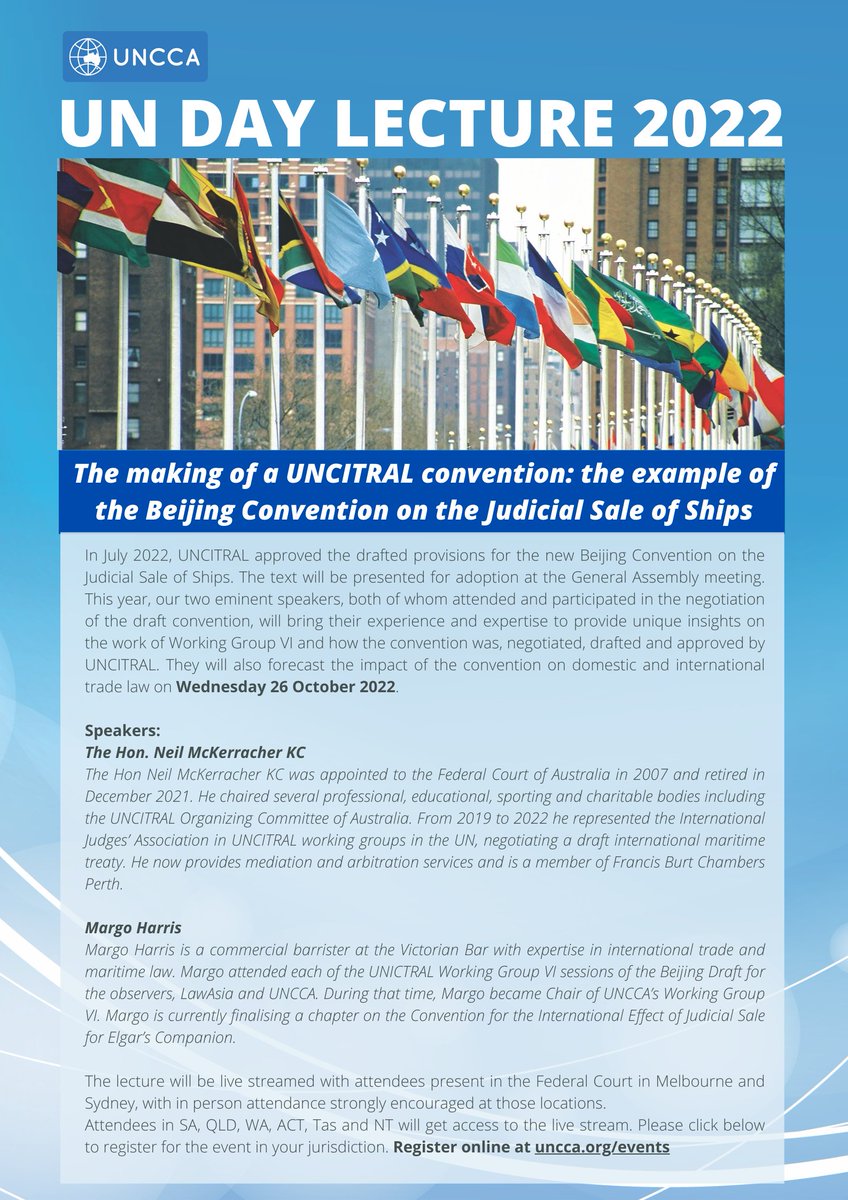 UNCITRALNCCA's tweet photo. Not long until our #UNDayLecture! Join us for what is sure to be an insightful presentation by two eminent speakers on the making of an UNCITRAL Convention. Attend in-person in NSW &amp; VIC or online. Register  at https://t.co/xn7baqLiLy 
#internationallaw #event #UNDay #UNCITRAL https://t.co/RAOHoURwYN