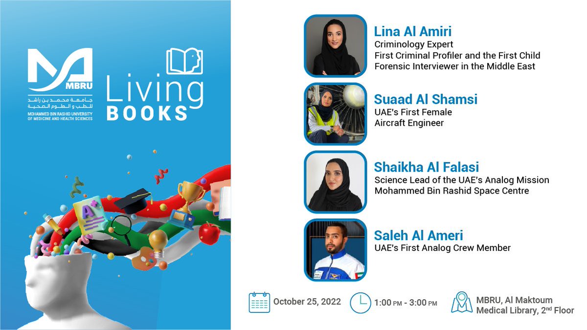 🇦🇪 📚 Join us next week for Living Books®, an event hosted by the Al Maktoum Medical Library to celebrate inspiring people in the UAE.
🗓 25 October 2022
🕐 1:00-3:00 PM
📍 MBRU, Al Maktoum Medical Library, 2nd floor

Register now to meet our Living Books. bit.ly/3yV6EPA