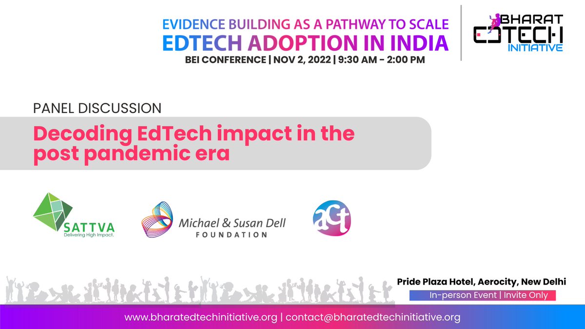EdtechBharat's tweet photo. #BEIConference's 2nd panel discussion on Nov 2 will be centred on 'Decoding EdTech impact in the post-#pandemic era.' Senior leaders from @_sattva, @DellFdn & @actgrants teams will bring in unique views on the #EdTech's role, impact, and #evidencegaps. Updates to follow. https://t.co/DDuBgKpphb