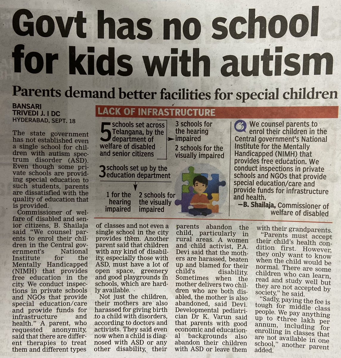 bansaritrvd's tweet photo. The #Telangana High court took my report on the lack of a single state-run school for #autistic children as a suo motu PIL. The government yet again fails to provide adequate facilities to #students  @DeccanChronicle #autism https://t.co/6LnzSNQu9z