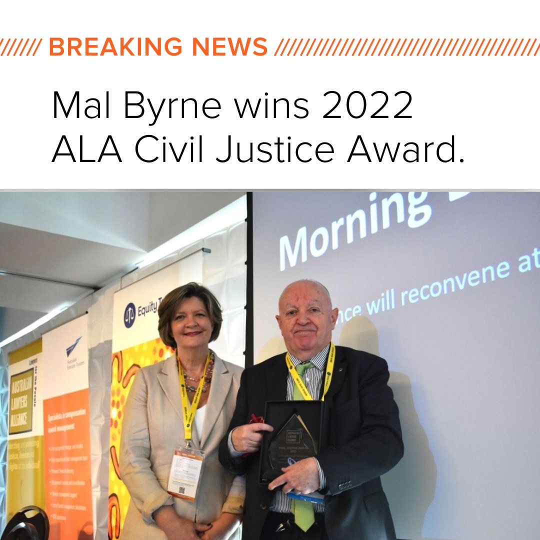 ShineLawyers's tweet photo. Congratulations to our very own Mal Byrne, who received the 2022 National Civil Justice Award from the Australian Lawyers Alliance (ALA).

Read more: https://t.co/Ei4zv1Ex6Q

@AustLawAlliance #ALANat22 https://t.co/VNVh8Rm961