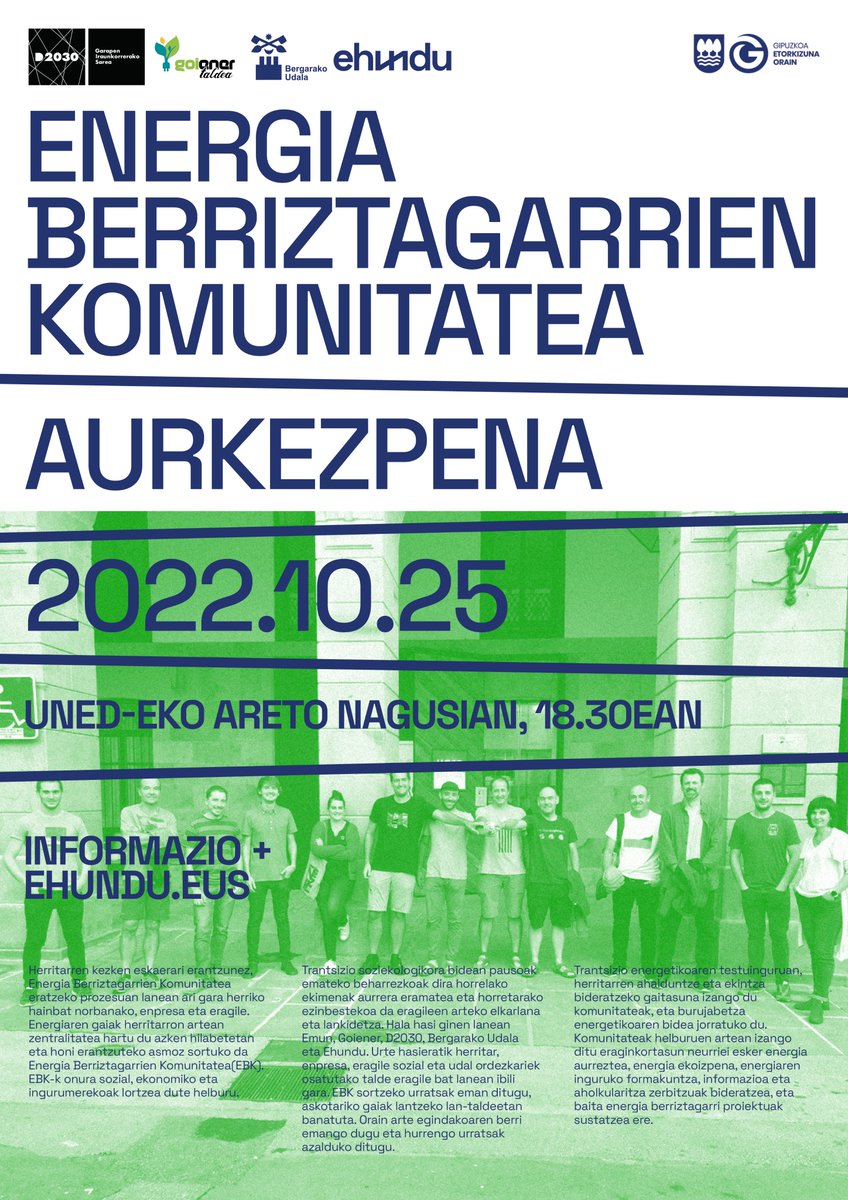 ehundu_'s tweet photo. Bergaran energia berriztagarrien komunitatea sortzera goaz eta orain arte egindakoaren berri emango dugu datorren asteartean UNEDean. Animatu zaitez!⚡💡⚡💡

📢 Energia Berriztagarrien Komunitatearen aurkezpena
📅 Urriaren 25ean
📍 UNED
⌚ 18:30ean
🔗  https://t.co/6esvPDKz2g https://t.co/Sl9HjXLUFi