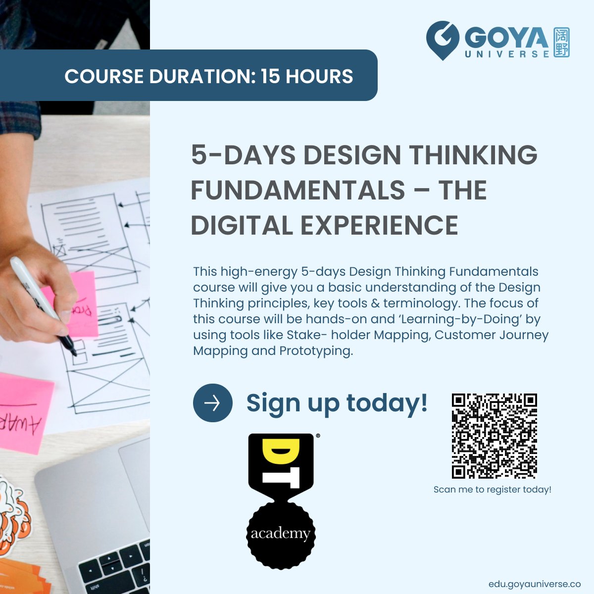 GOYA Universe is hosting one of the courses by DTA - Design Thinking Fundamentals, where learners will be given the opportunity to understand Design Thinking Principles. 

https://t.co/14xK1JpC7B

#designthinking #education #educationforall #removingbarriers #socialimpact https://t.co/iNhPGO0RSI