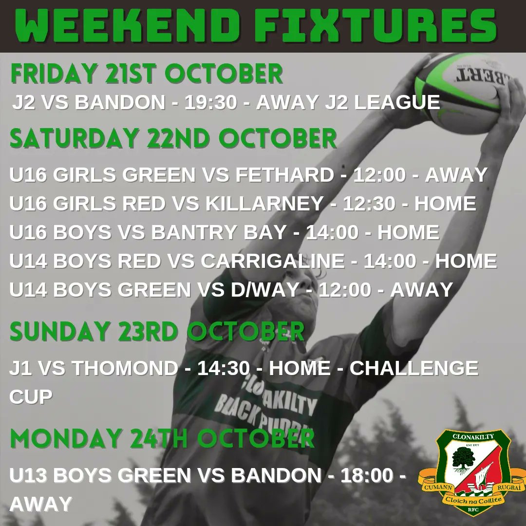 ClonakiltyRFC's tweet photo. Busy weekend from young to old!! Good luck to all our players @MJCRugby https://t.co/7fL3mxZHMu