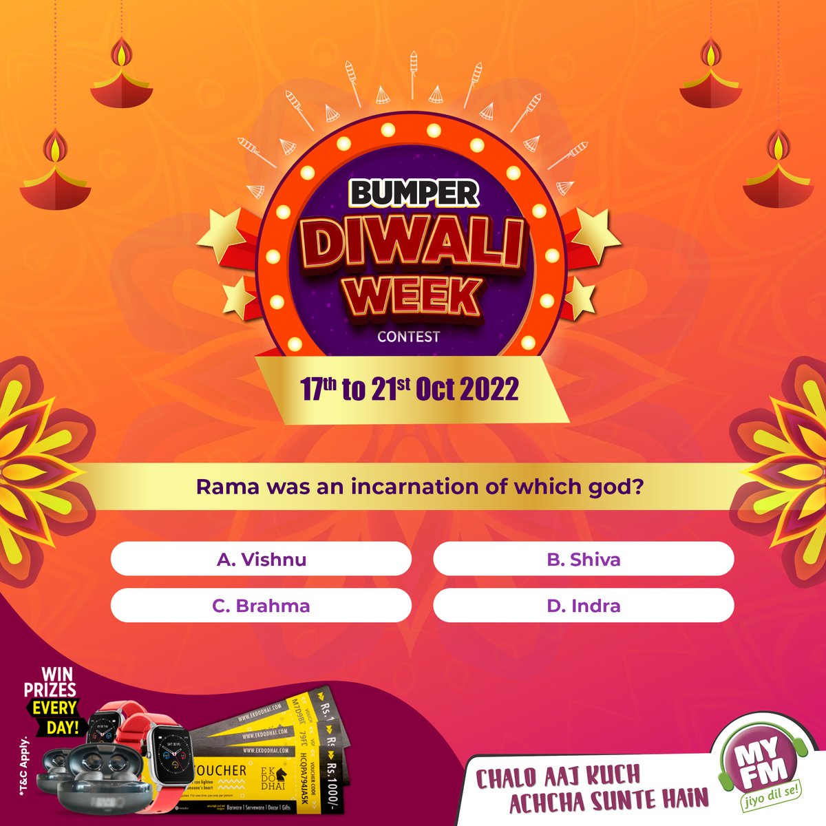 MYFMIndia's tweet photo. BUMPER DIWALI CONTEST, DAY 5. Participate &amp; Win. All the best! 

Rules. 
1. Follow Our twitter handle 
2. RT This Tweet
3. Tag 5 People on the post
4. Reply on the Post with Answer.

T&amp;C Apply* #ContestAlert #contestalertindia #Contest #Diwali2022 #DiwaliContest https://t.co/BEUY6HnHKF