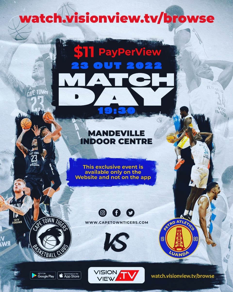 VV_Productions's tweet photo. @thecapetowntigers VS @pedro_de_luanda_oficial Basketball match LIVE from Mandeville Indoor Centre, Sunday 23 October, 19h30
LIVE only on the @visionview.tv website. 
Get your 𝙋𝙖𝙮𝙋𝙚𝙧𝙑𝙞𝙚𝙬 ticket now for only $11. 
#basketball
#worldclassproduction https://t.co/ZJhrGT1Wy6