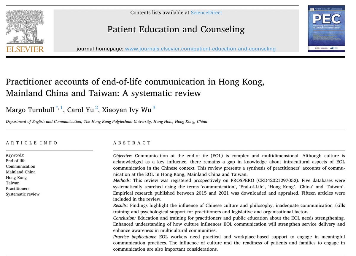 Our systematic review article on practitioners’ accounts of end-of-life communication in HK, Mainland China and Taiwan is online with Patient Education and Counseling 
Open access available: sciencedirect.com/science/articl…