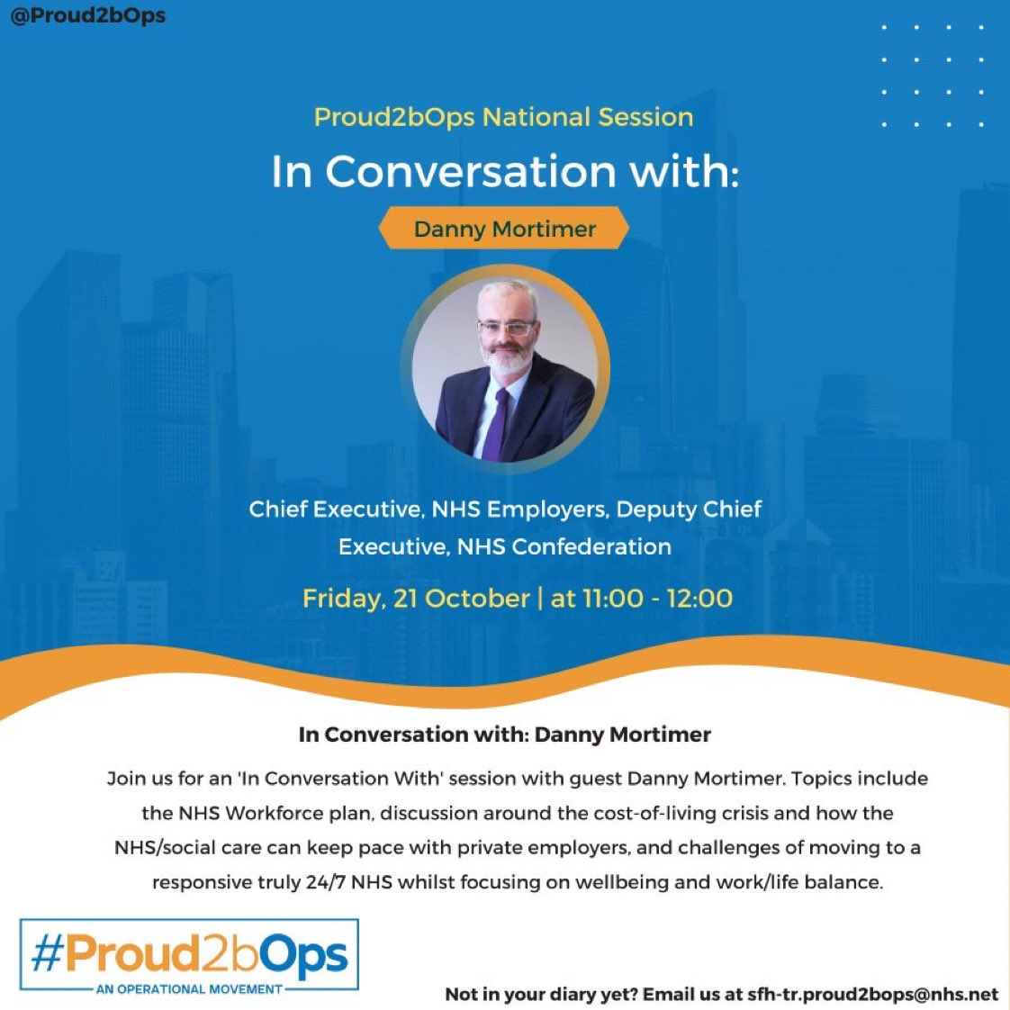 It’s been a busy week for the @proud2bOps team. We close our week by welcoming @NHSE_Danny a loyal and supportive partner of Proud2bOps. 
Danny will share insight into: 
-NHS workforce plan
-the cost-of-living crisis, and 
-the challenges of moving to a truly responsive NHS. ⬇️