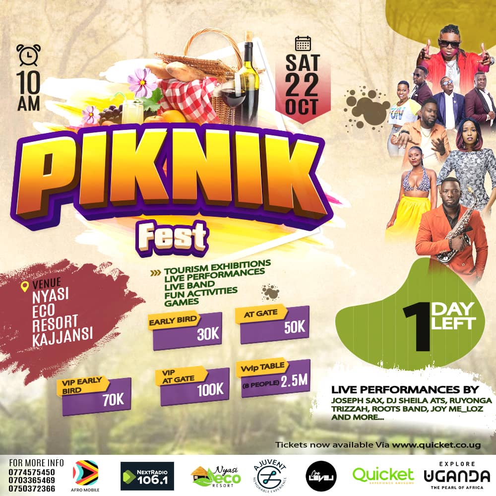 ClaireSuubi's tweet image. Buy your early bird tickets via 
qkt.io/Piknikfest22
Or Via Airtel 
Dial *185*9#
Merchant code 60258806
Enter Amount ___
          Enter pin___
Date: 22nd October
Venue: Nyasi Eco resort,
Kajjansi #Ajuvent #onelevel #Afromobileug #Nextradio #UTB #Quicket 
#Piknikfest #Baileys