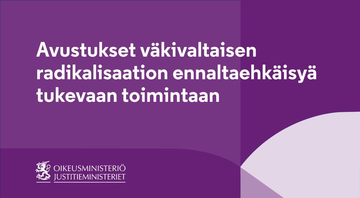 Avustuksia on haettavana väkivaltaisen radikalisaation ennaltaehkäisyä tukevaan toimintaan ja toimintamallien kehittämiseen sekä niiden vaikutusten arviointiin.

🗓️ Hakuaika päättyy 2.12.2022.

➡️ oikeusministerio.fi/radikalisaatio…

#valtionavustukset | #radikalisaatio | #ennaltaehkäisy