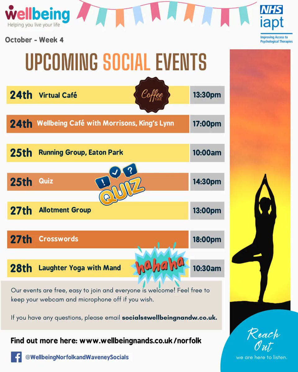 ❤Another week of some great social events for you as we enter the 4the week of October! 

The team is always keen to run social activities using input and ideas from you so please get in touch with any ideas you have, you can email the team: socials@wellbeingnandw.co.uk 

#Free