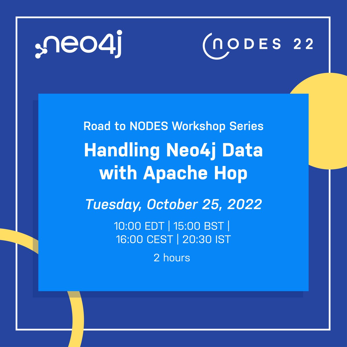 Next Tuesday it's happening! Our free 2h #NODES2022 workshop will showcase how you can use @ApacheHop to handle your Neo4j data. We've got lots of really cool and powerful things to show so join the crowd! You can register here: neo4j.com/event/nodes-tr…